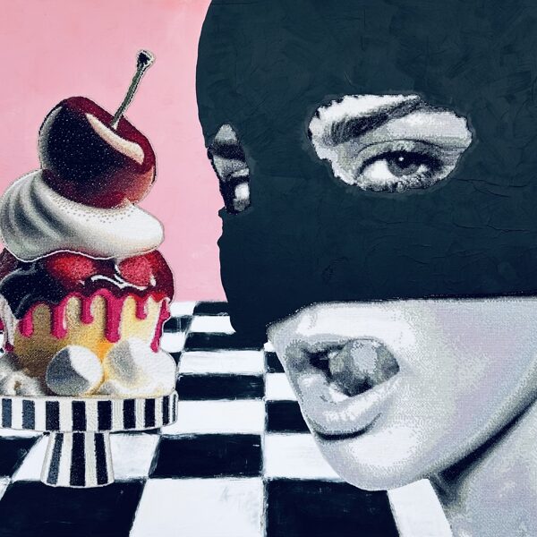 I NEED MONEY FOR A PORSCHE AND CAKES, 2024, 150x120cm izšuvums, akrils, mixed media 15400€