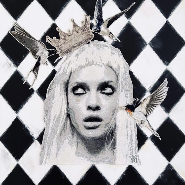 MY NAME IS DRAMA QUEEN, 2024, 150x120cm izšuvums, akrils, mixed media 12200€