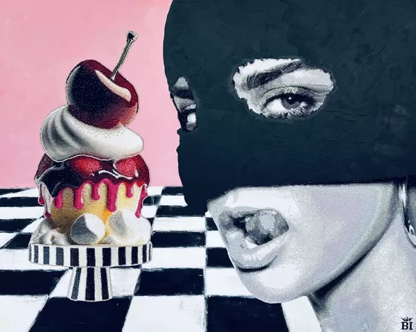 I NEED MONEY FOR A PORSCHE AND CAKES, 2024, 150x120cm izšuvums, akrils, mixed media 15400€