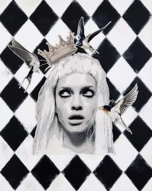 MY NAME IS DRAMA QUEEN, 2024, 150x120cm izšuvums, akrils, mixed media 12200€