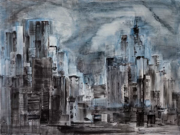 Evija Freidenfelde - "Pilsēta Zet1" , 2024, 90 x120 cm - jaukta tehnika, 720 eur