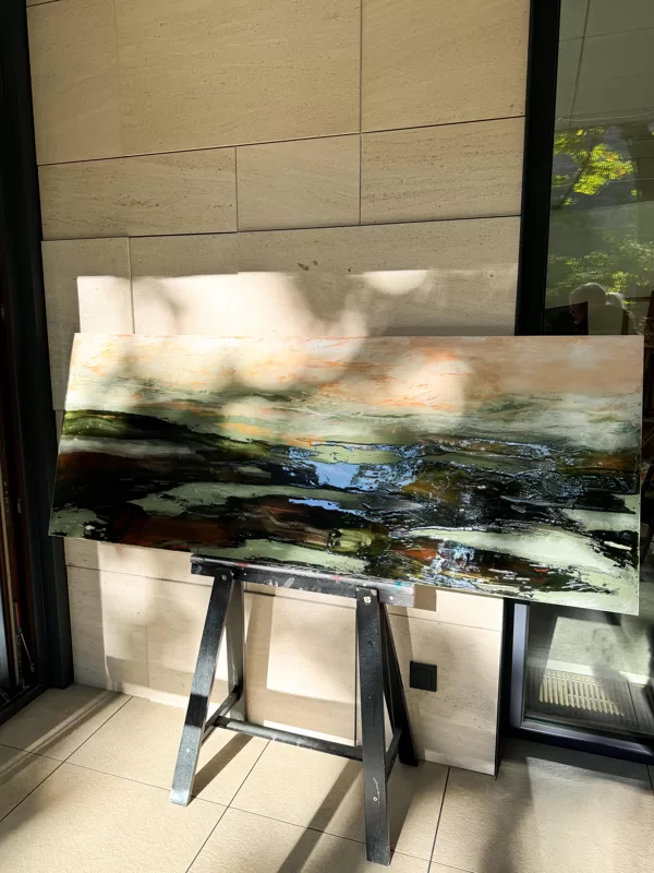 "Tranquility"2024 1,8x0,7m Akrils, kanva, miksēti materiāli, epoksīds, 1250 eur